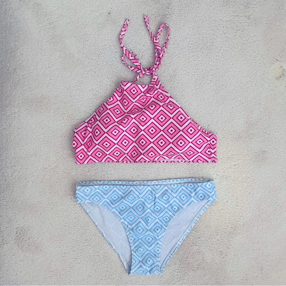 NWOT Pink Blue Geometric Halter Bikini Set High Neck Swim Two Piece